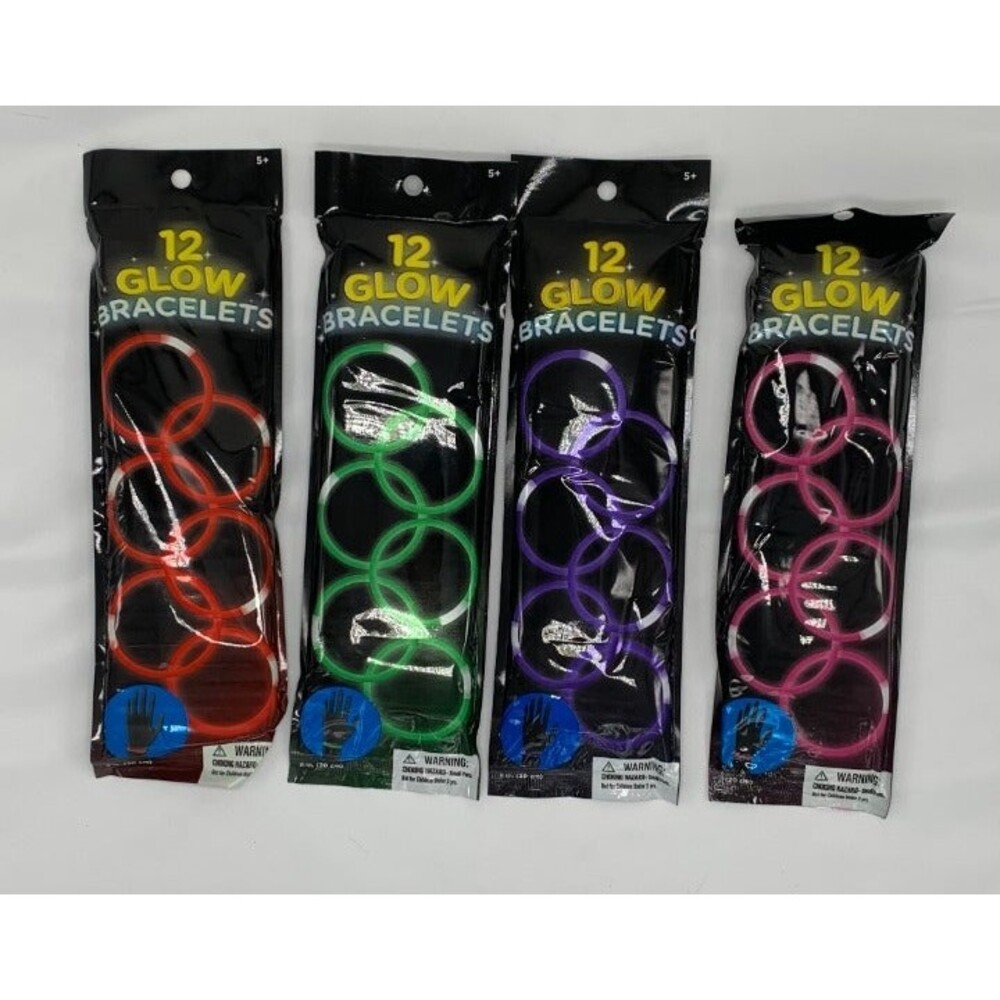 Four 12 Pack Glow Bracelets 8 inches Neon Green, Red, Pink, Purple